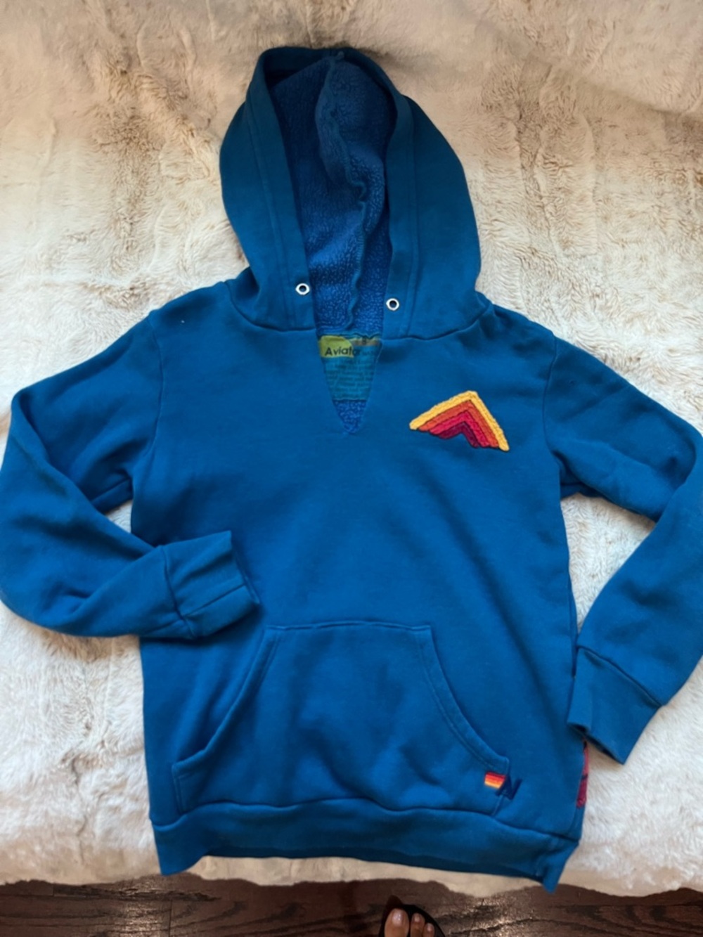 Aviator Nation Blue Hooded Pullover with Multicolor Tag Detail
